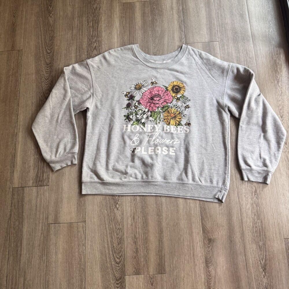 Sweater Oversized Gray Size XXXL Floral Streetwear Honey Bees And Flowers Please - Picture 2 of 7
